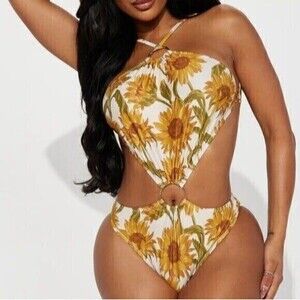 Envya Sunflower Halter Neck One‎ Piece Swimsuit Size Small RefN05